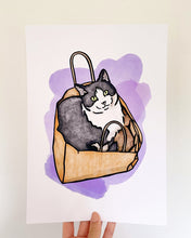 Load image into Gallery viewer, Little Rover Custom Pet Watercolour Print Cat in Bag Purple Background
