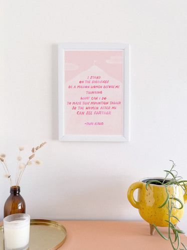 Little Rover Paper Co. Rupi Kaur 'Legacy' art print pink mountain framed on wall
