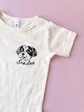 Load image into Gallery viewer, Little Rover custom pet dog portrait mini tee baby toddler t shirt in natural pink background
