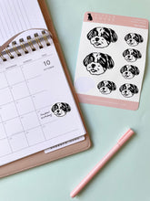 Load image into Gallery viewer, Little Rover Custom Pet Sticker Sheet dog sticker peeled stuck on diary flatlay
