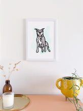 Load image into Gallery viewer, Little Rover custom pet watercolour art print of black dog on teal green background frame on wall

